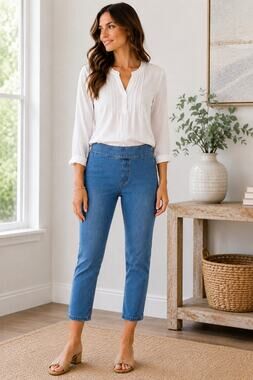 Soft Surroundings Medium Blue Wash Ultimate Denim Pull-On Comfort Crop Jeans